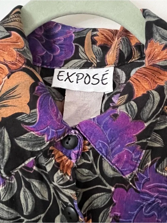 Vintage 90s Exposé Black & Purple Floral Button Up Long Sleeve Shirt Retro Large - Picture 10 of 11
